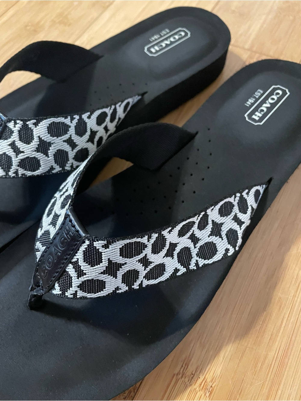 Coach Black Flip Flop Sandals with Signature Jacquard Straps